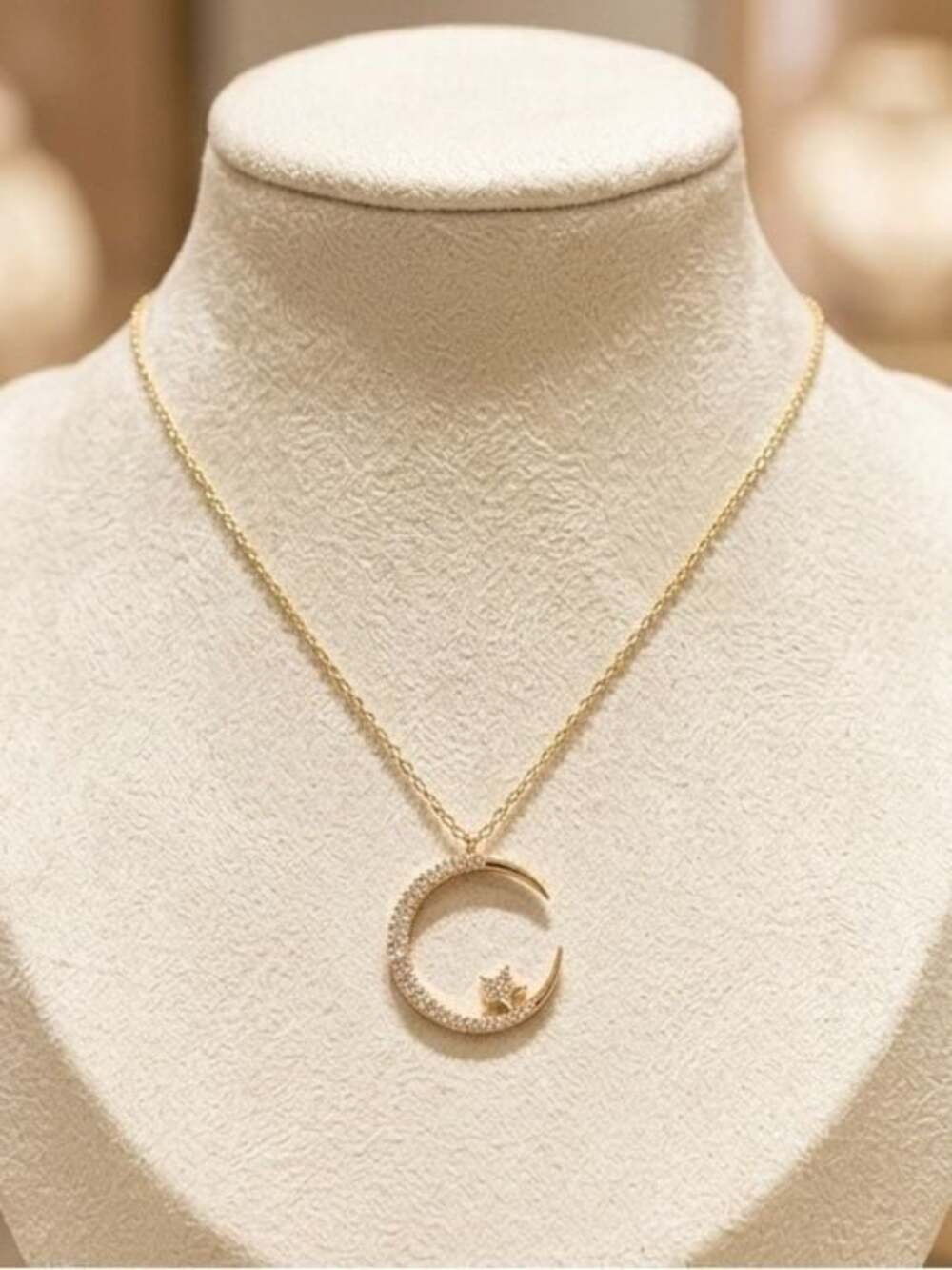 Crescent Moon and Star Pendant Necklace in Rose Gold - Picture 3 of 6